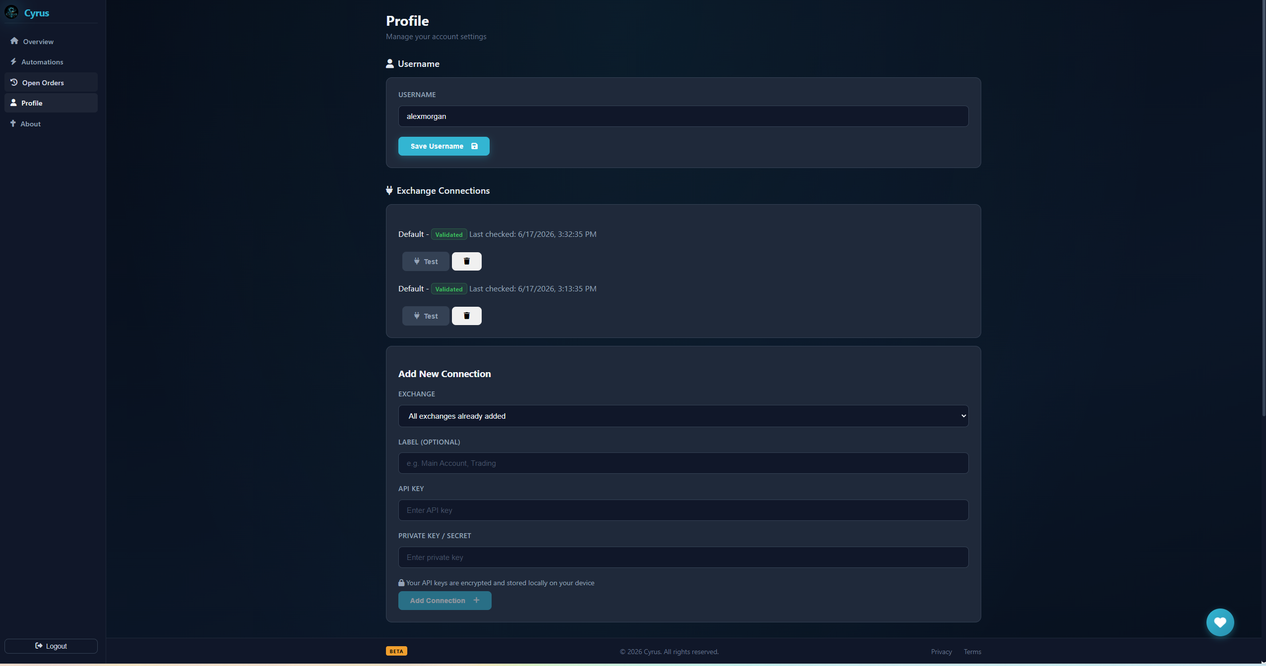 Cyrus profile page showing exchange connections, the add-connection form, and desktop notification settings